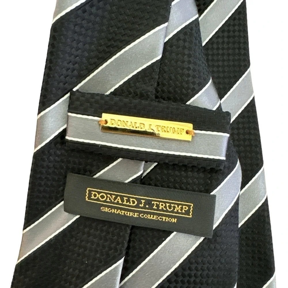 Donald J Trump Signature Collection Black and Gray Striped 100% Silk Tie